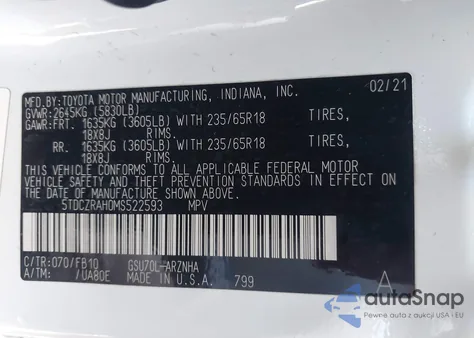 2021 Toyota Highlander L z USA, uszkodzony, nr VIN 5TDCZRAH0MS522593